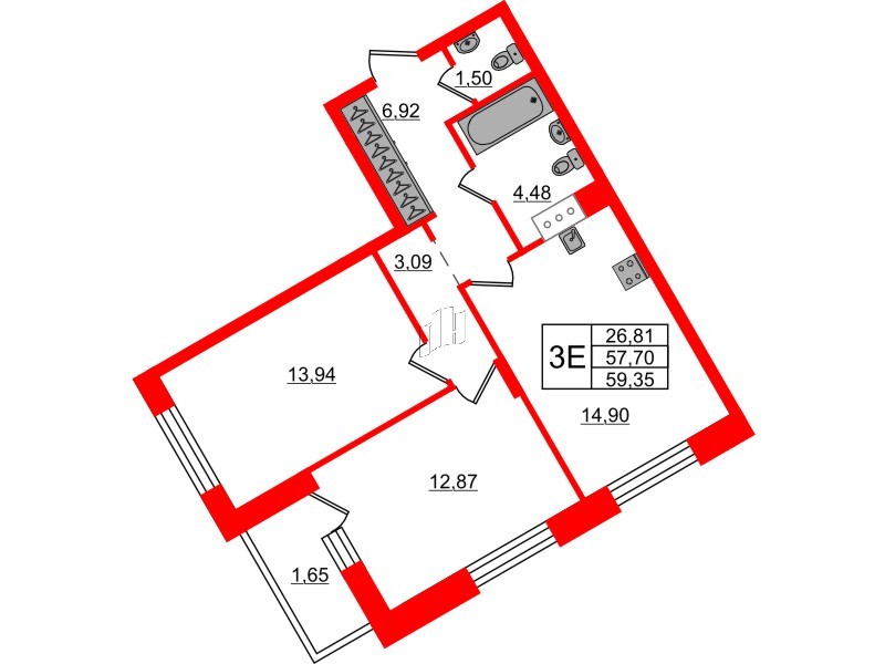 Квартира в ЖК VEREN NORT Сертолово, 2 комнатная, 59.35 м², 8 этаж