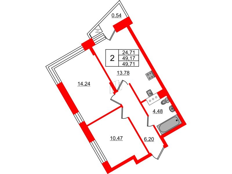 Квартира в ЖК VEREN NORT Сертолово, 2 комнатная, 49.71 м², 5 этаж