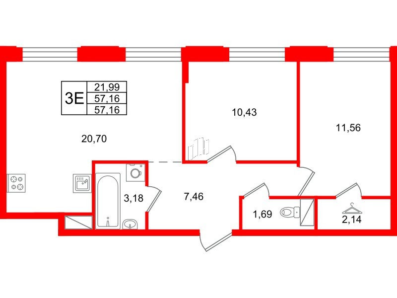 Квартира в ЖК Айди Петроградская, 2 комнатная, 57.16 м², 4 этаж