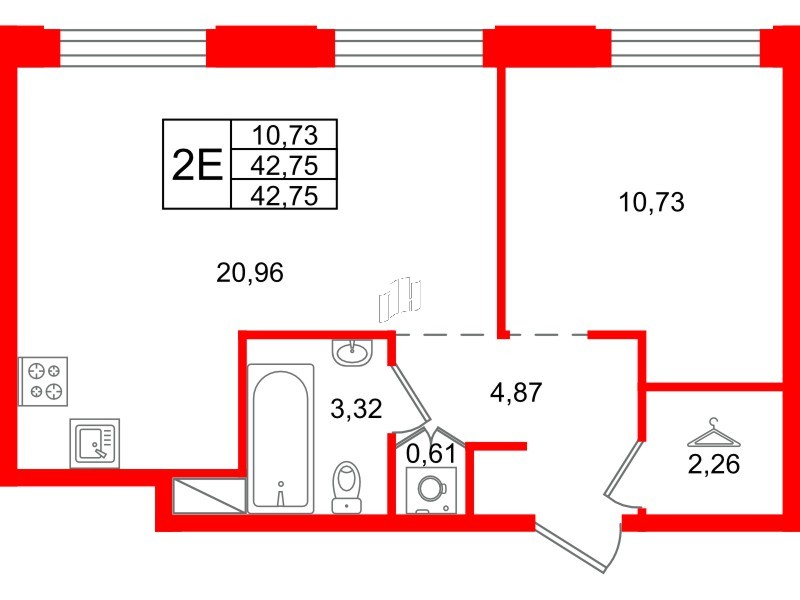 Квартира в ЖК ID Петроградская, 1 комнатная, 42.75 м², 6 этаж