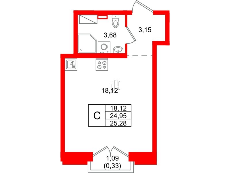 Квартира в ЖК Айди Петроградская, студия, 25.28 м², 5 этаж