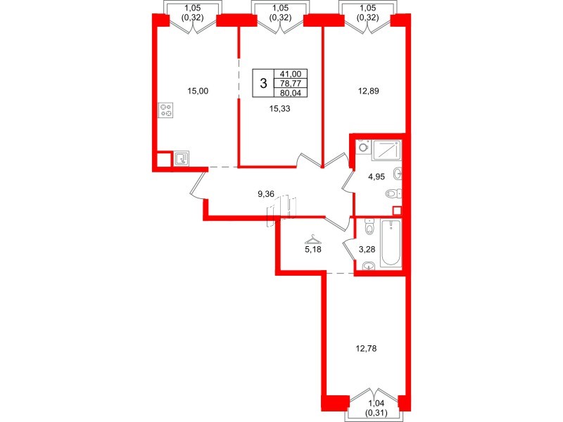Квартира в ЖК Айди Петроградская, 3 комнатная, 80.04 м², 2 этаж