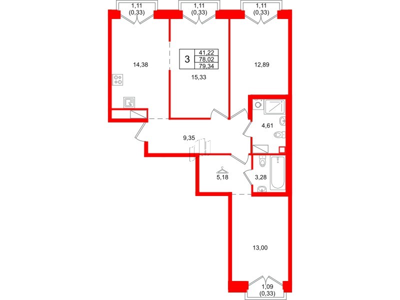 Квартира в ЖК Айди Петроградская, 3 комнатная, 79.34 м², 3 этаж