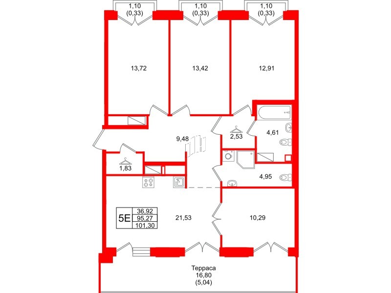 Квартира в ЖК Айди Петроградская, 4 комнатная, 101.3 м², 6 этаж