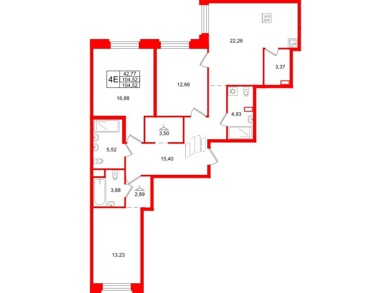 Квартира в ЖК ID Петроградская, 3 комнатная, 104.52 м², 2 этаж