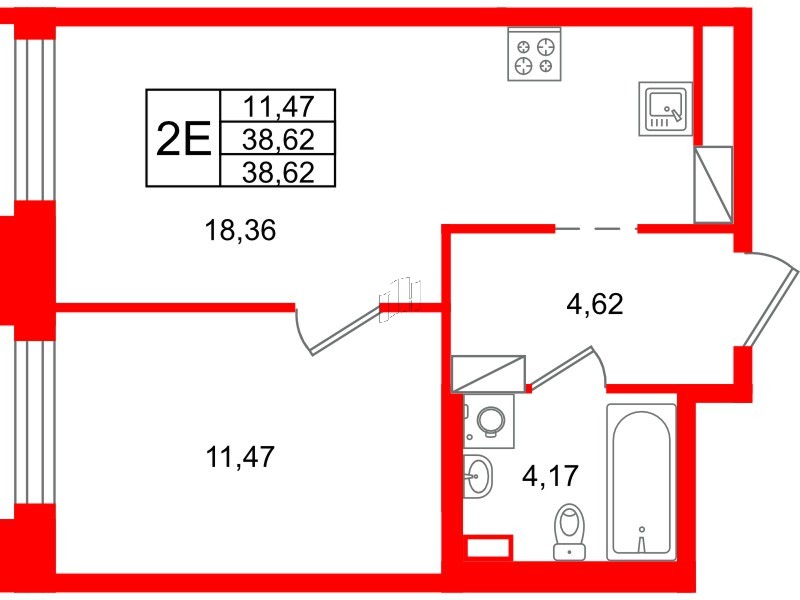Квартира в ЖК ID Петроградская, 1 комнатная, 38.62 м², 6 этаж