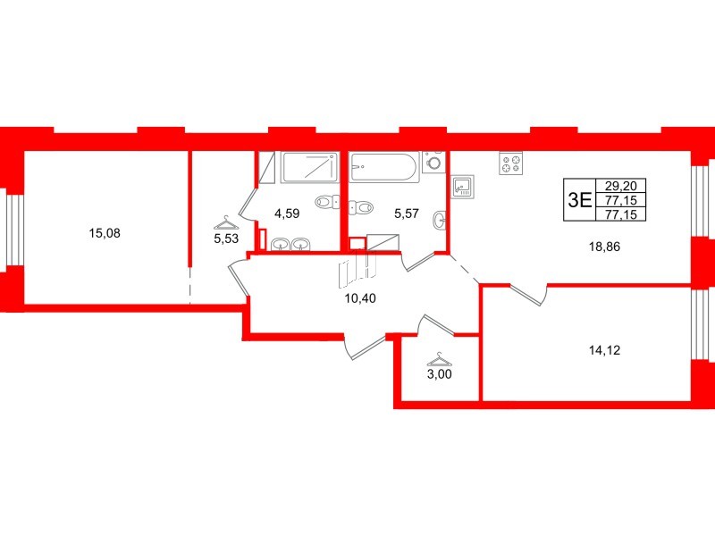 Квартира в ЖК ID Петроградская, 3 комнатная, 77.15 м², 6 этаж