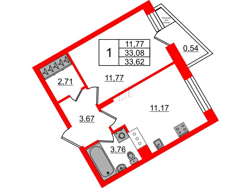 Квартира в ЖК VEREN NORT Сертолово, 1 комнатная, 33.62 м², 11 этаж