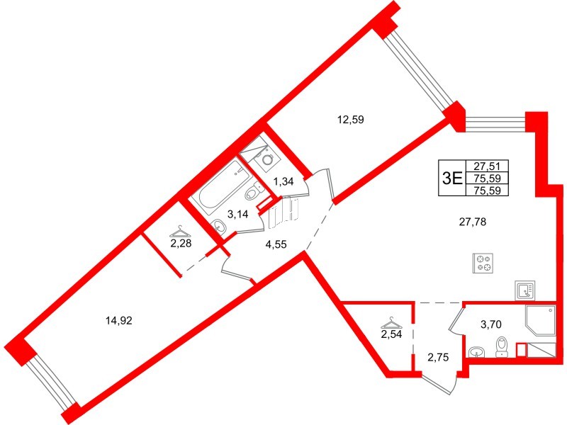 Квартира в ЖК Айди Петроградская, 2 комнатная, 75.59 м², 5 этаж