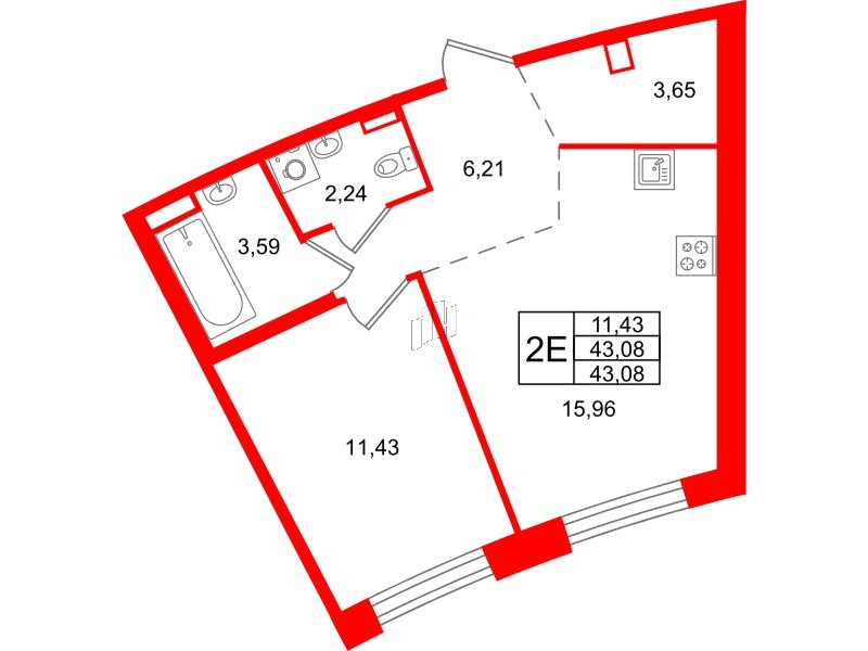 Квартира в ЖК ID Петроградская, 1 комнатная, 43.08 м², 2 этаж