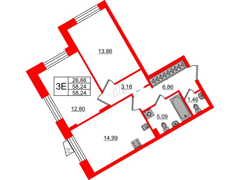 Квартира в ЖК VEREN NORT Сертолово, 2 комнатная, 58.24 м², 2 этаж