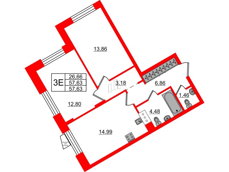 Квартира в ЖК VEREN NORT Сертолово, 2 комнатная, 57.63 м², 3 этаж