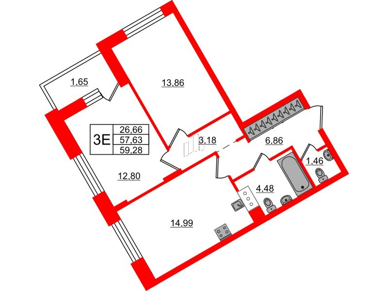 Квартира в ЖК VEREN NORT Сертолово, 2 комнатная, 59.28 м², 5 этаж