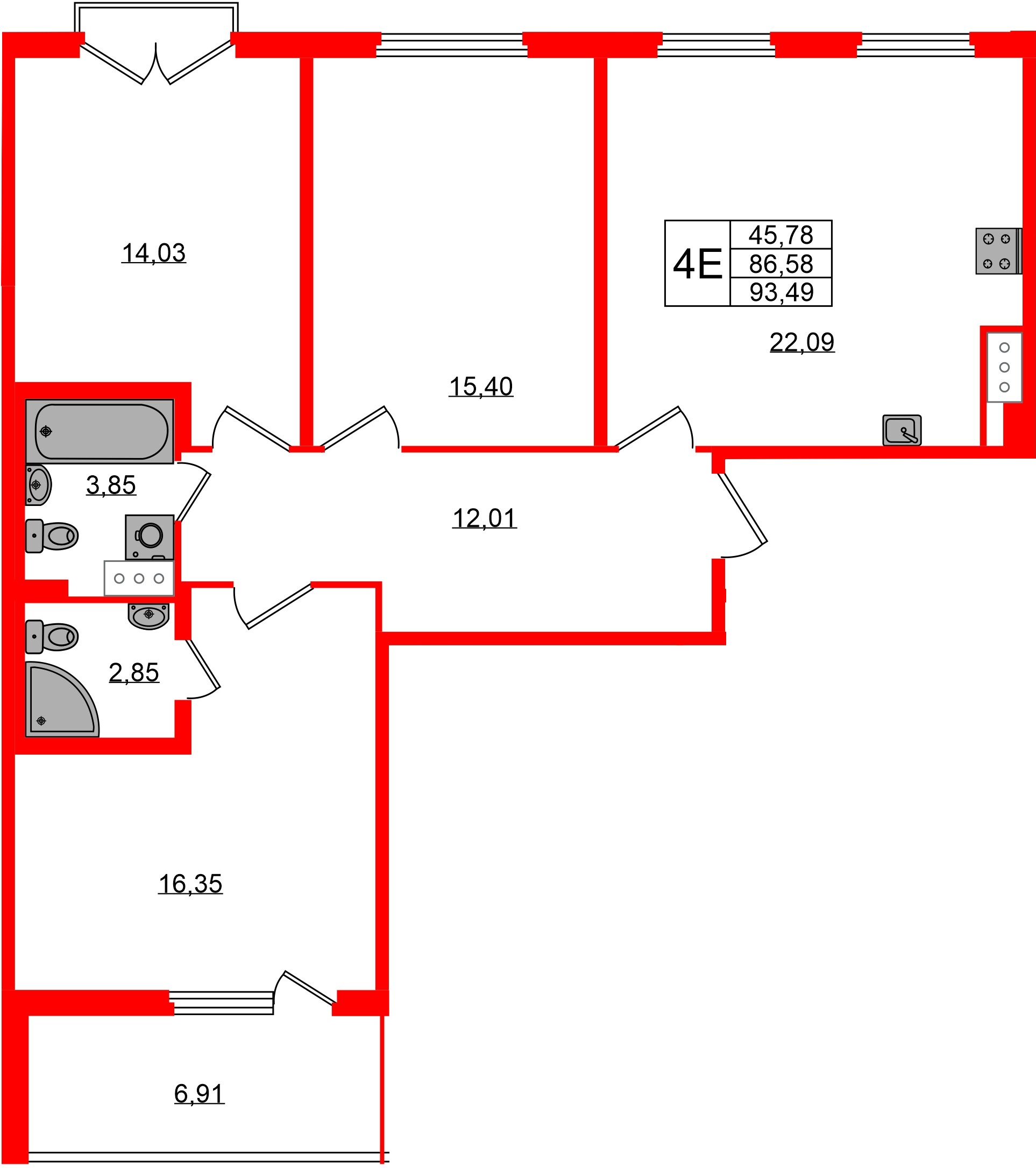 Квартира в ЖК Любоград, 3 комнатная, 86.58 м², 3 этаж