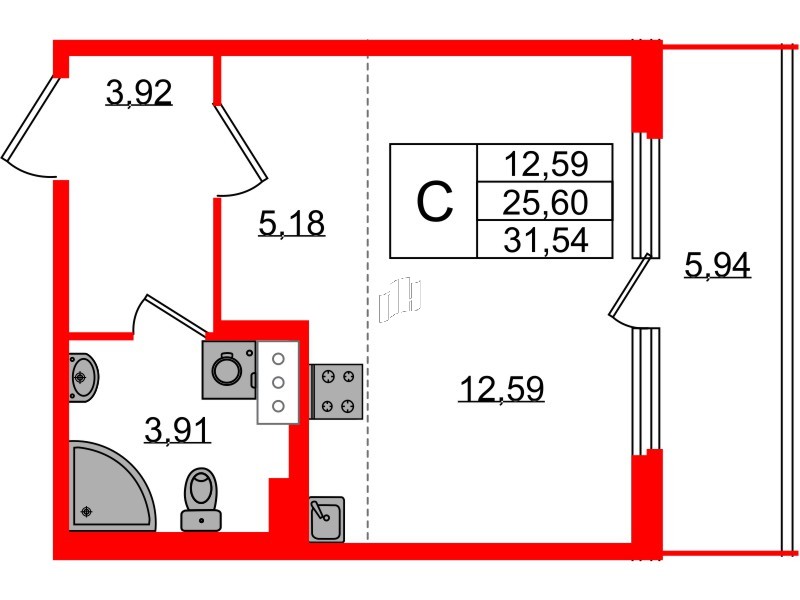 Квартира в ЖК «Любоград», студия, 25.6 м², 3 этаж