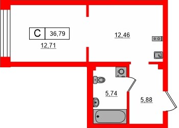 Планировка — Студия квартира, 36,8 м² в ЖК «Башни Элемент»