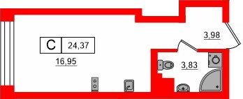 Планировка — Студия квартира, 24,4 м² в ЖК «Башни Элемент»