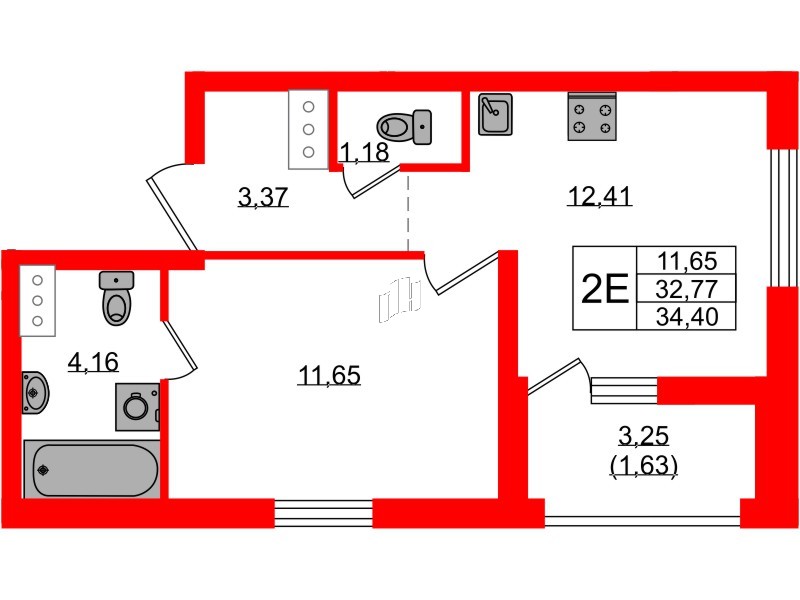 Квартира в ЖК UP-квартал Новый Московский, 1 комнатная, 34.4 м², 3 этаж
