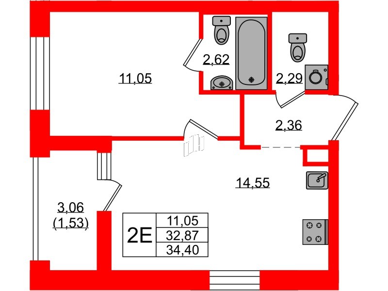 Квартира в ЖК UP-квартал Новый Московский, 1 комнатная, 34.4 м², 1 этаж