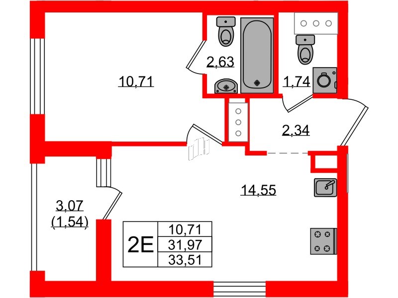 Квартира в ЖК UP-квартал Новый Московский, 1 комнатная, 33.51 м², 7 этаж