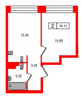 Квартира в ЖК Bashni Element , 1 комнатная, 38.12 м², 11 этаж
