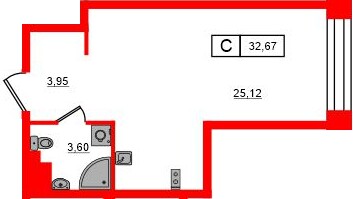 Планировка — Студия квартира, 32,7 м² в ЖК «Башни Элемент»