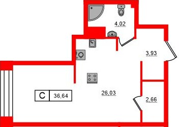 Планировка — Студия квартира, 36,6 м² в ЖК «Башни Элемент»