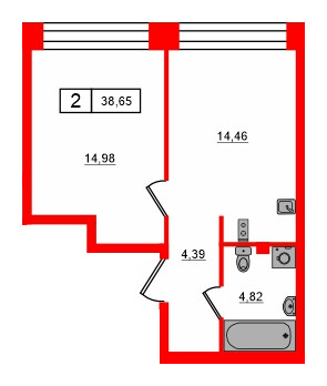 Квартира в ЖК Bashni Element , 1 комнатная, 38.65 м², 3 этаж