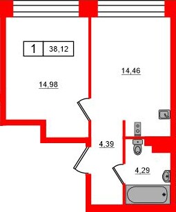Планировка — 1-комн квартира, 38,1 м² в ЖК «Башни Элемент»