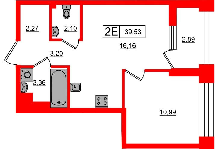 Квартира в ЖК «Башни Элемент», 1 комнатная, 39.53 м², 6 этаж
