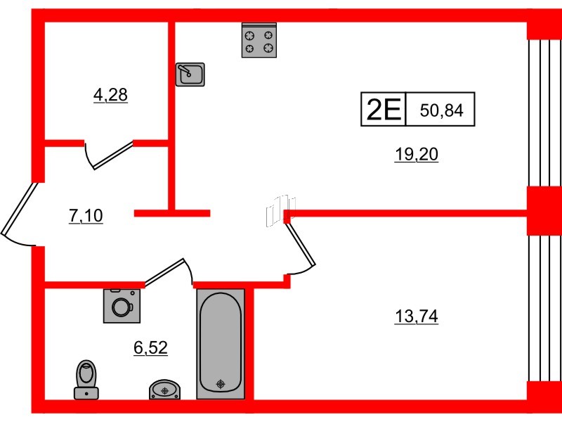 Квартира в ЖК «Башни Элемент», 1 комнатная, 50.84 м², 3 этаж