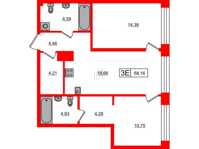 Квартира в ЖК «Башни Элемент», 2 комнатная, 68.16 м², 12 этаж