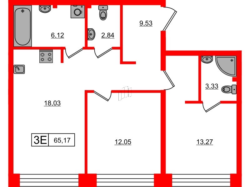 Квартира в ЖК «Башни Элемент», 2 комнатная, 65.17 м², 10 этаж