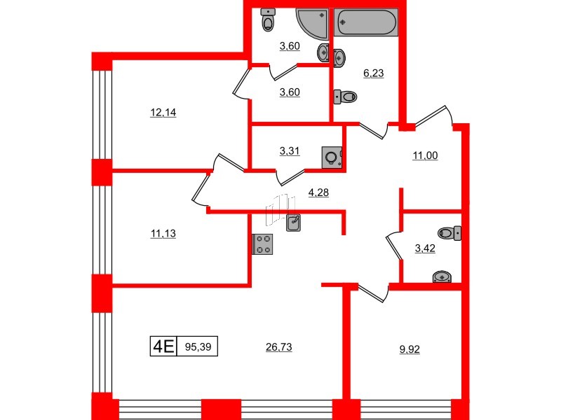 Квартира в ЖК Bashni Element , 3 комнатная, 95.39 м², 3 этаж