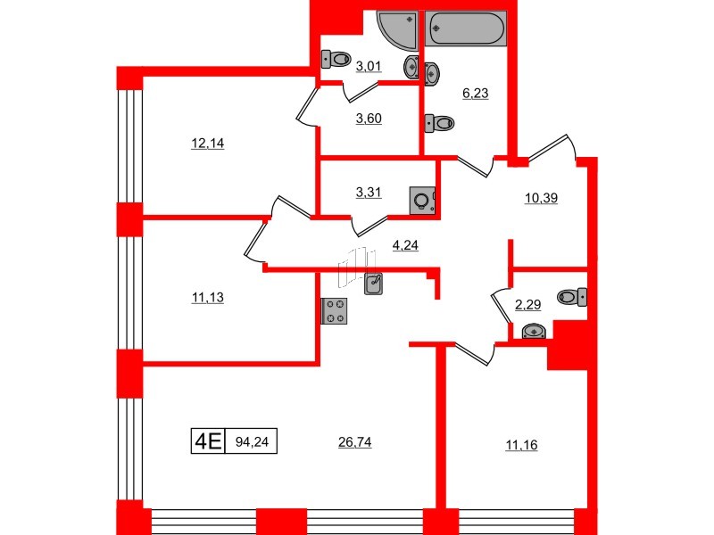 Квартира в ЖК Bashni Element , 3 комнатная, 94.24 м², 6 этаж