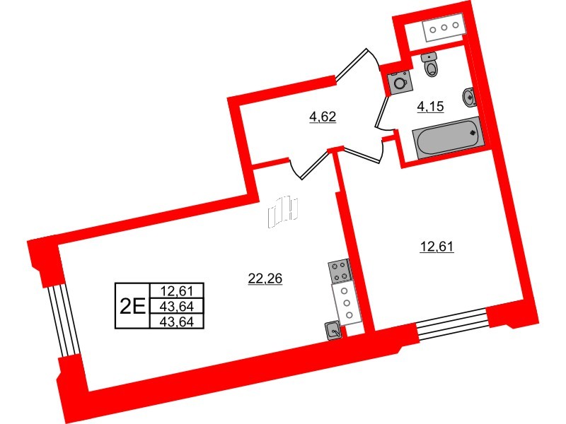 Квартира в ЖК Цивилизация на Неве, 1 комнатная, 43.64 м², 3 этаж