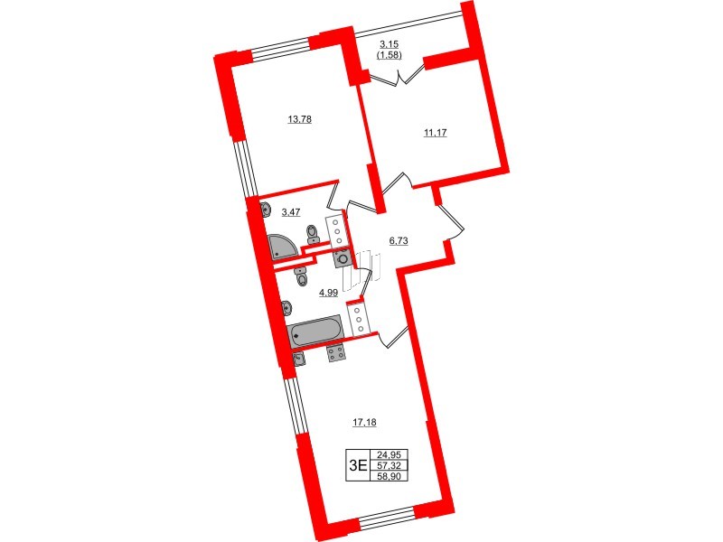 Квартира в ЖК Цивилизация на Неве, 2 комнатная, 58.9 м², 15 этаж