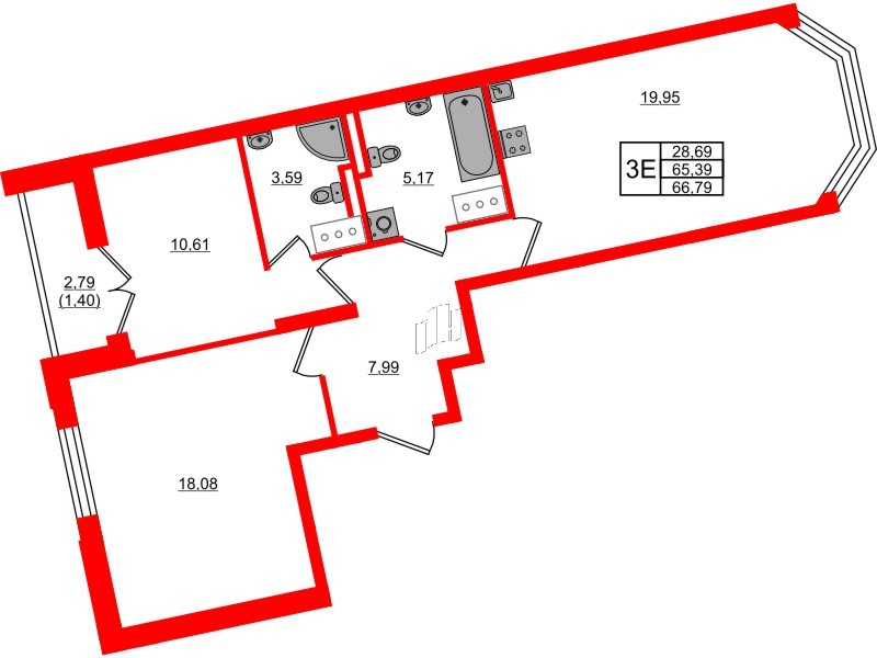 Квартира в ЖК Цивилизация на Неве, 2 комнатная, 66.79 м², 10 этаж