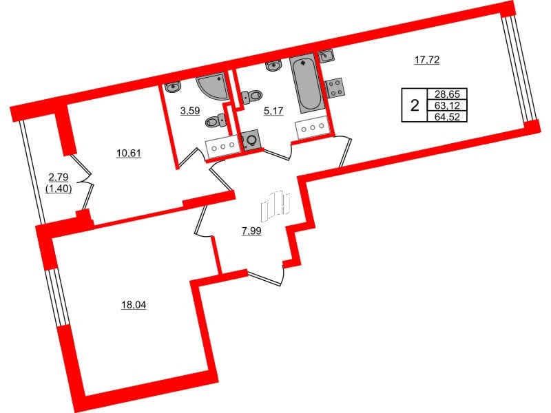 Квартира в ЖК Цивилизация на Неве, 2 комнатная, 64.52 м², 14 этаж