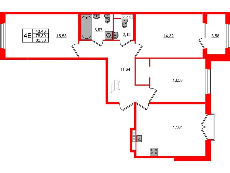 Квартира в ЖК Дубровский, 3 комнатная, 78.8 м², 4 этаж