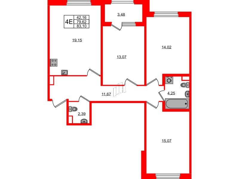 Квартира в ЖК Дубровский, 3 комнатная, 79.62 м², 1 этаж
