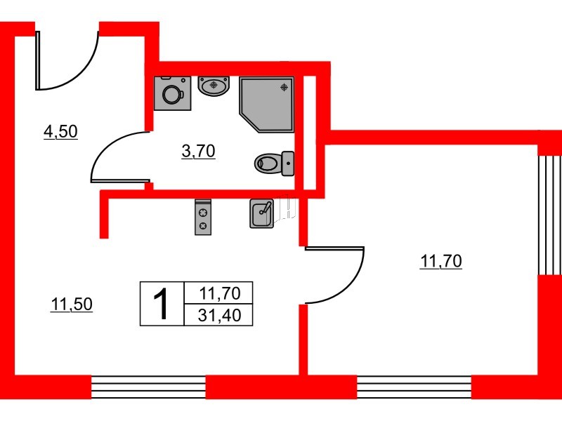 Апартаменты в ЖК «Авеню Апарт Пулково», 1 комнатные, 31.4 м², 15 этаж