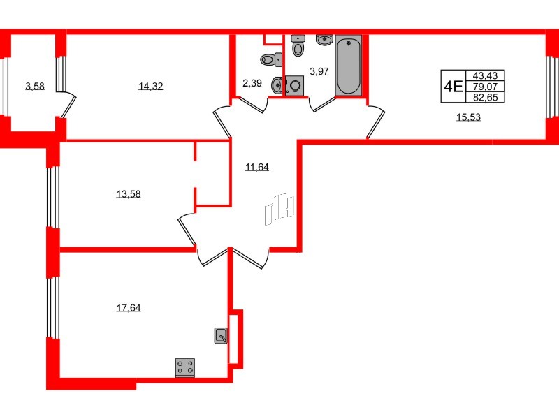 Квартира в ЖК Дубровский, 3 комнатная, 79.07 м², 2 этаж
