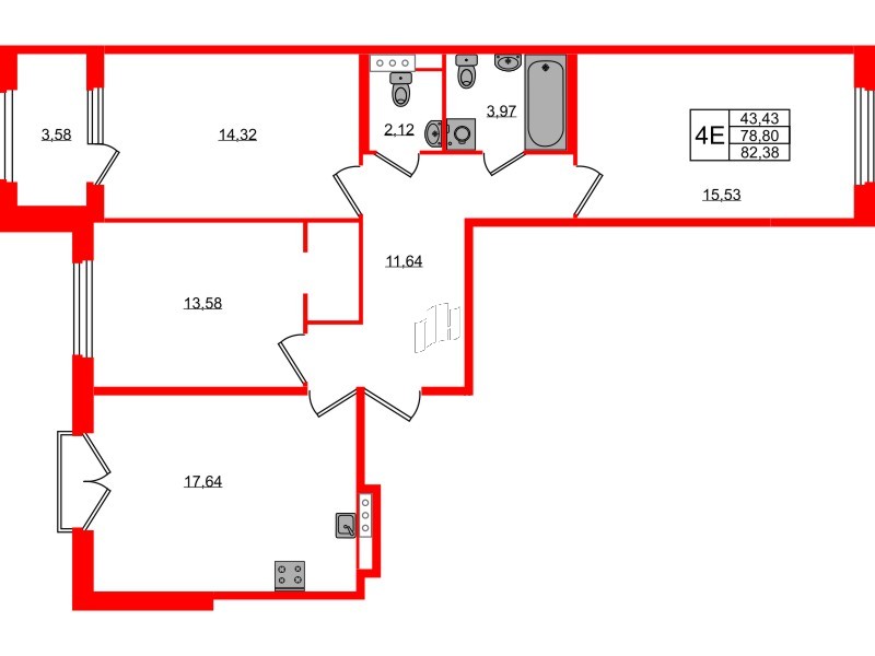 Квартира в ЖК Дубровский, 3 комнатная, 78.8 м², 3 этаж