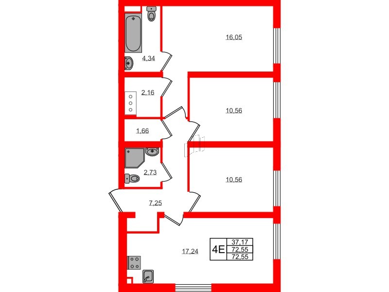 Квартира в ЖК 'Морская миля', 3 комнатная, 72.55 м², 23 этаж