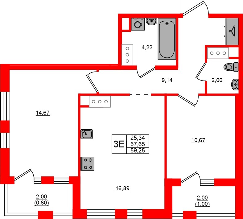 Квартира в ЖК «Респект», 2 комнатная, 59.64 м², 6 этаж