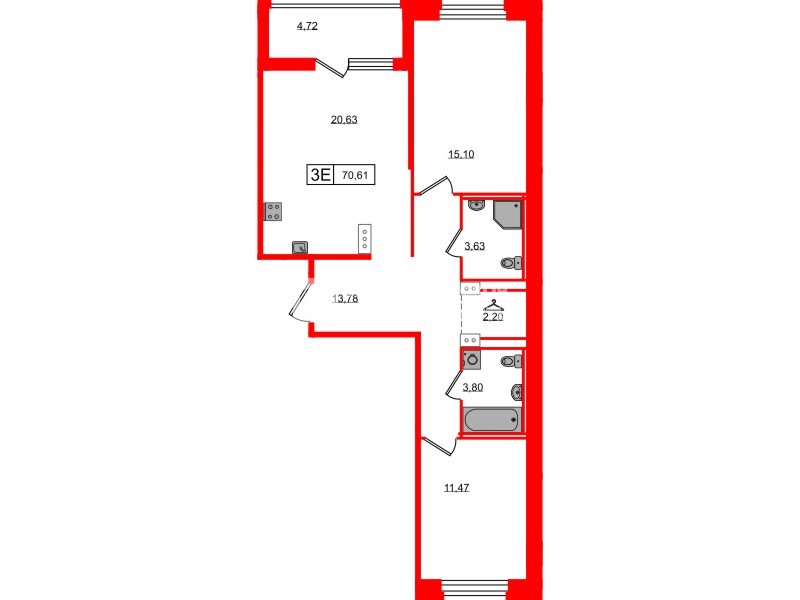 Квартира в ЖК «Ультра Сити 3.0», 2 комнатная, 70.61 м², 11 этаж