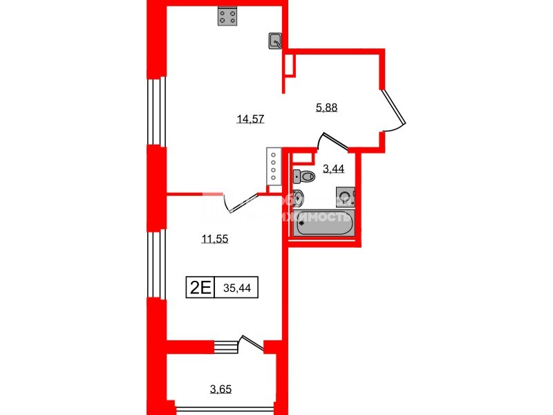 Квартира в ЖК «Ультра Сити 3.0», 1 комнатная, 35.44 м², 15 этаж
