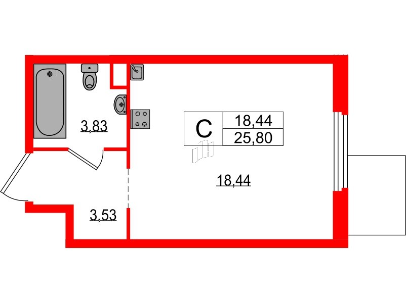 Апартаменты в ЖК ZOOM на Неве, студия, 25.8 м², 2 этаж