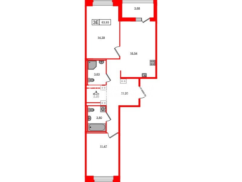 Квартира в ЖК «Ультра Сити 3.0», 2 комнатная, 63.93 м², 12 этаж